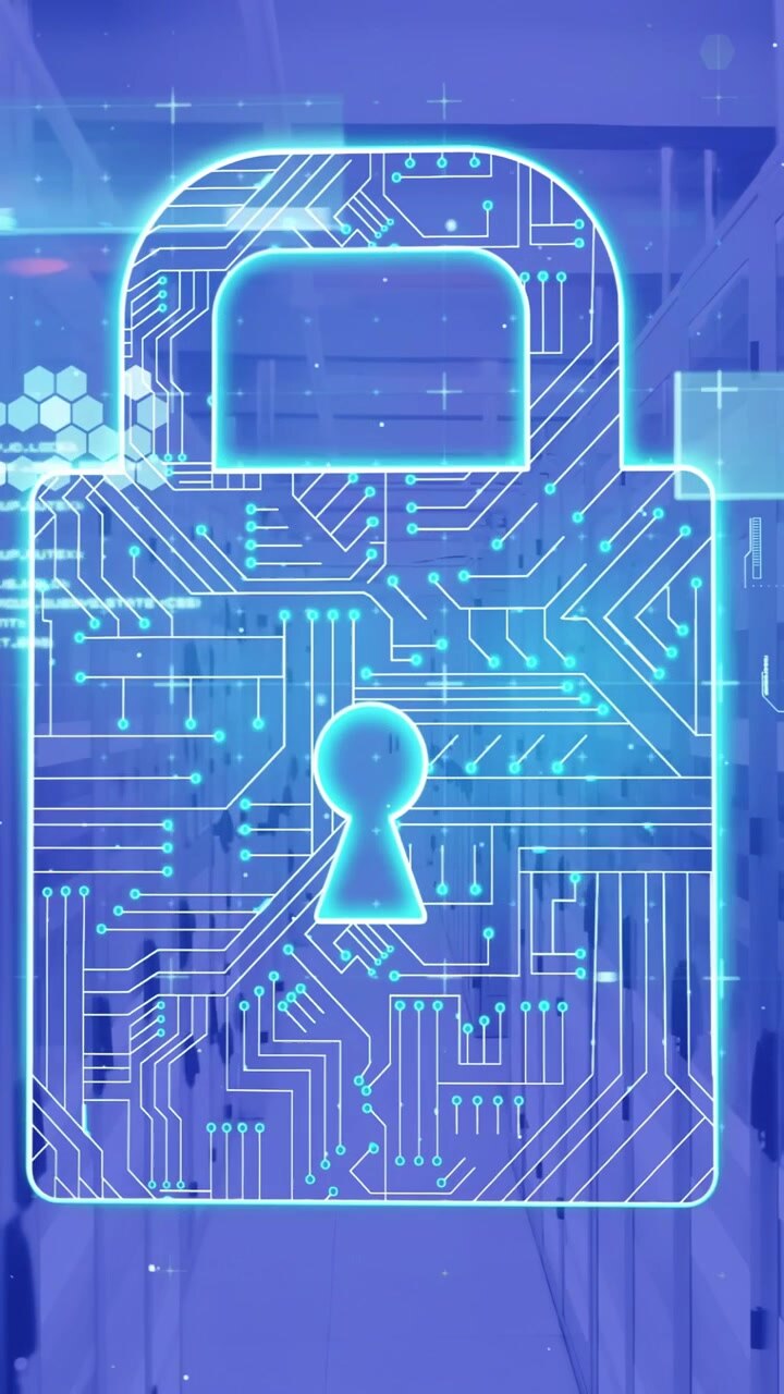 Video verticale: All'accesso, un lucchetto ciano luminoso pulsa e invia tracce, indicando il FUNZIONAMENTO per la sicurezza.