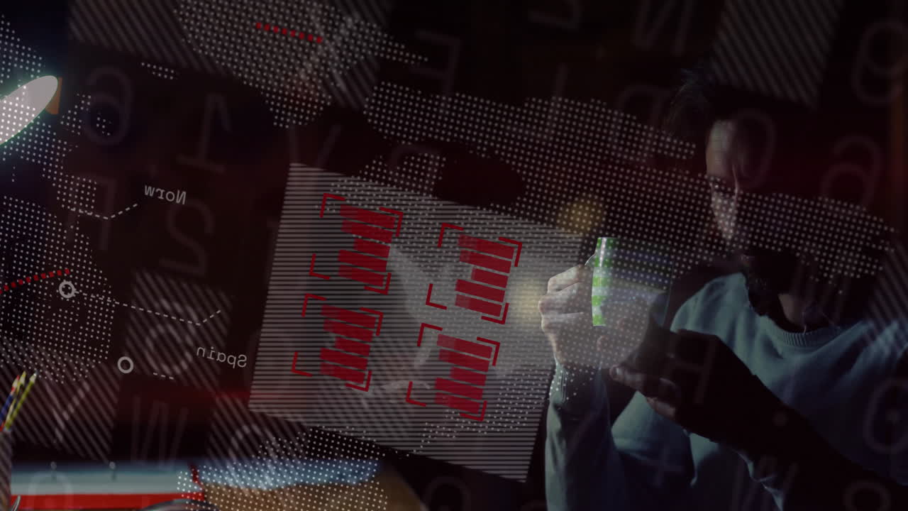 Person holding glowing object with digital data and map overlay animation