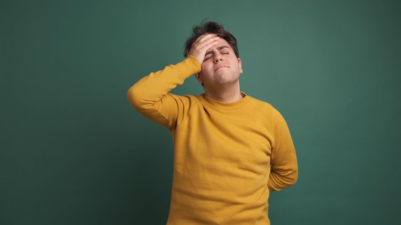 Uomo frustrato che soffre di mal di testa nello studio verde