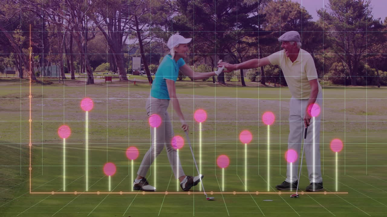 Celebrating on golf course, players with animation of performance metrics overlay