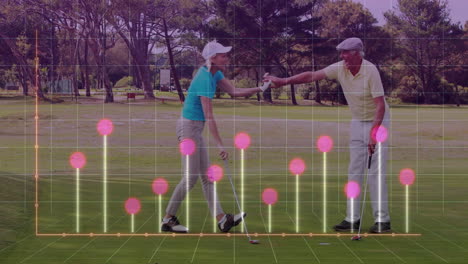 celebrating on golf course, players with animation of performance metrics overlay