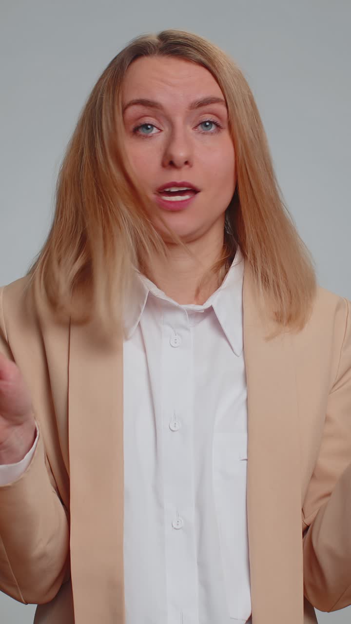 Businesswoman pointing fingers herself ask say who me no thanks i do not need it guilty fault fail