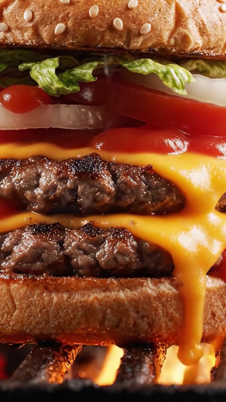 Delizioso cheeseburger con succulenti hamburger e formaggio fuso grigliato, che mostra lattuga fresca, cipolle e pomodoro in un gustoso panino circondato dalle fiamme.