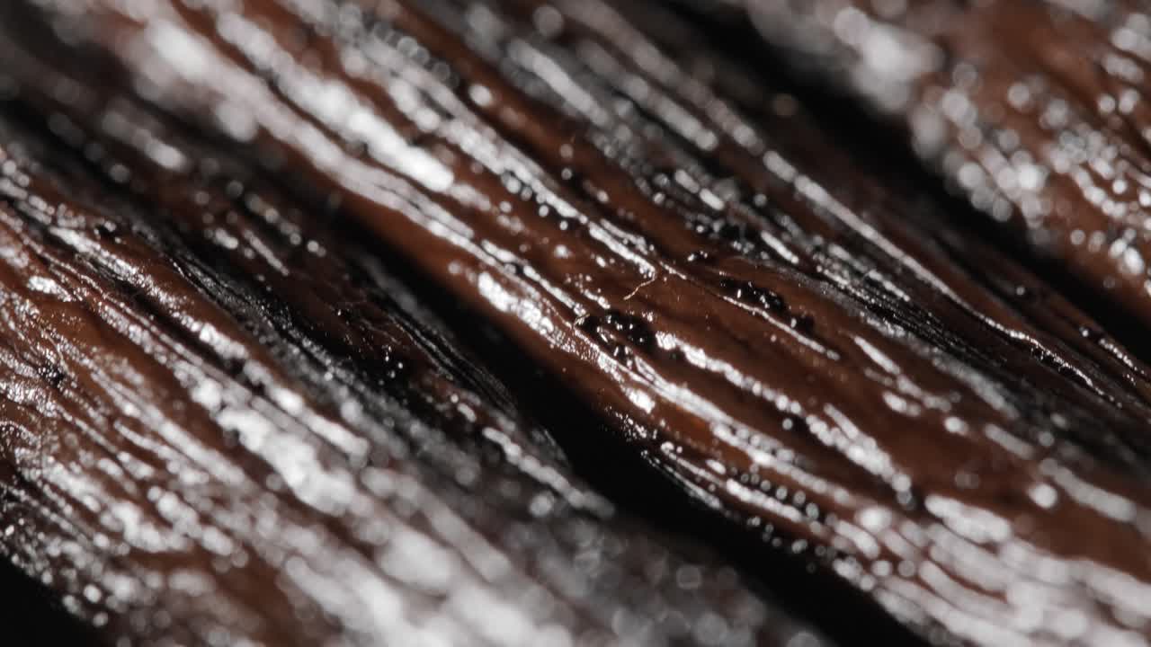 Tracking shot along Vanilla beans texture, Extreme macro shot, Rack focus