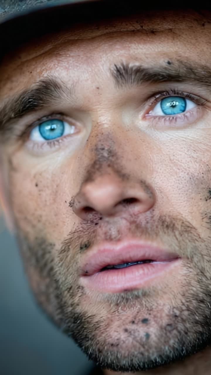 A profound gaze reflecting resilience and determination, showcasing a weathered face adorned with the marks of hard work and life’s challenges in a close-up portrait