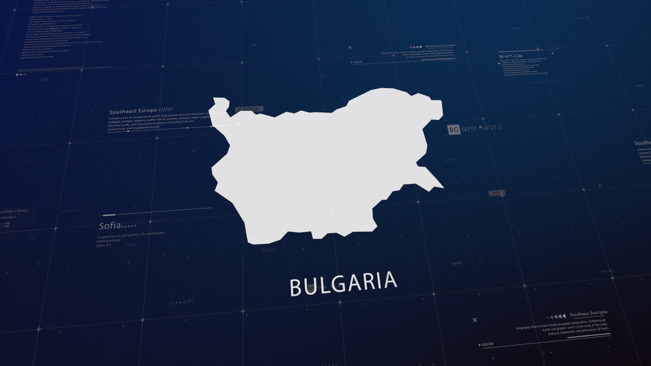 Bulgaria country map comes to life with cinematic panning, unveiling key details, the capital, and slogan, providing an engaging background for corporate and commercial use