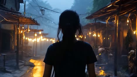 a woman with a backpack walking down a street at night