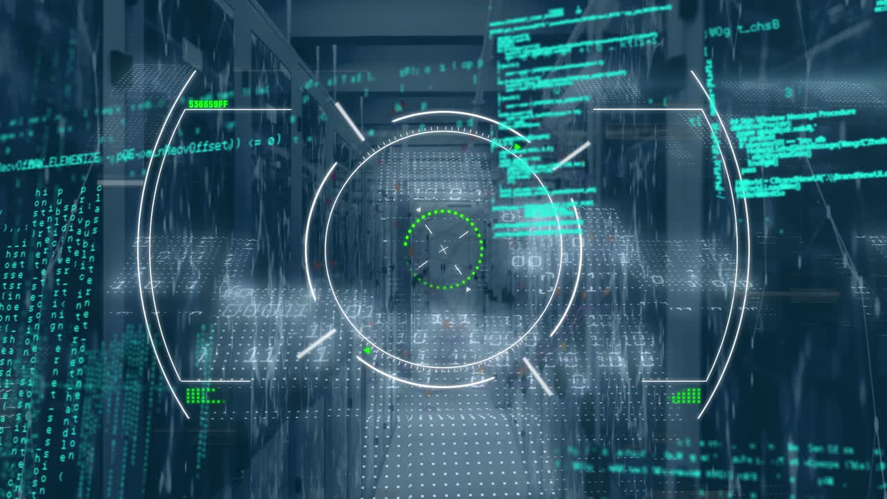 Animation of glitch technique, circles, connected dots, number, programming language on server room