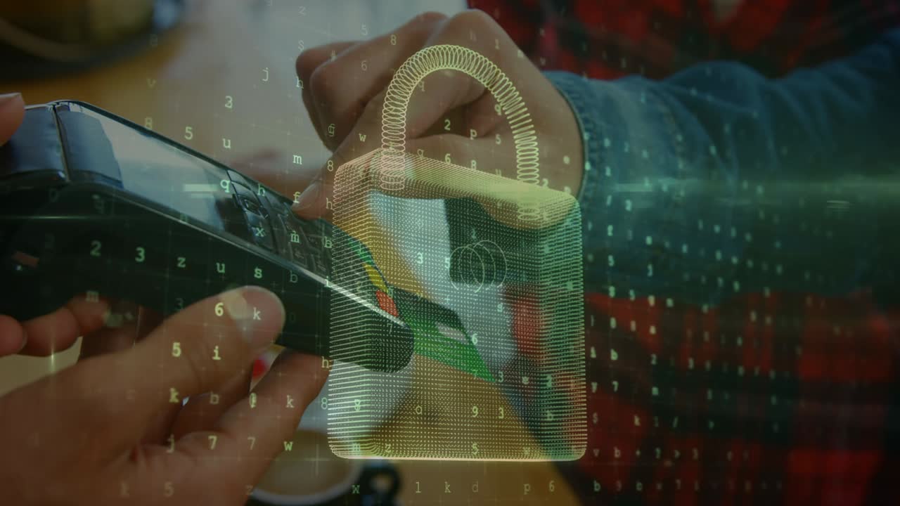 animación del candado de seguridad de la red sobre las personas que utilizan el terminal de pago