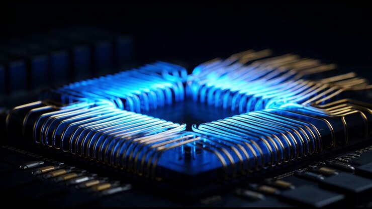 Blue Light Pulsing on a Gold Computer Chip