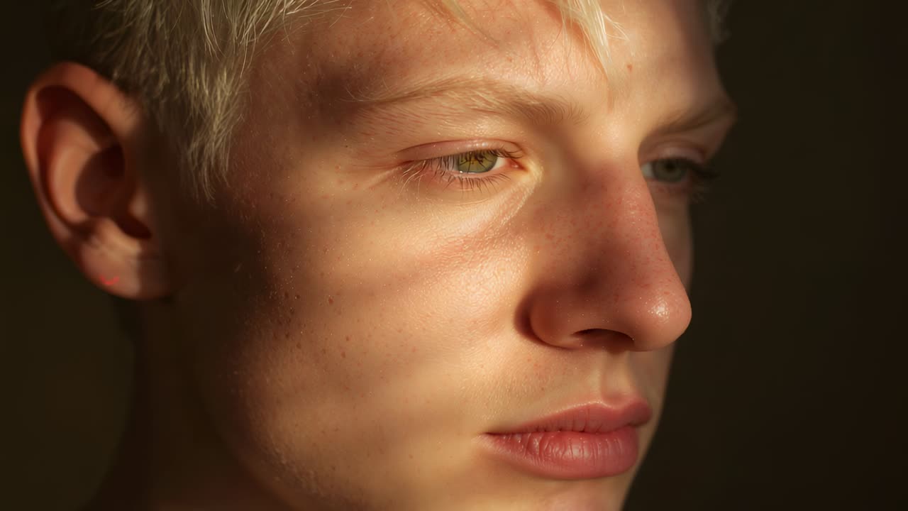 Reagiert auf das Sonnenlicht, das durch die Jalousien scheint, männliches Subjekt, das den Blick abwendet und zu Hause reflektiert