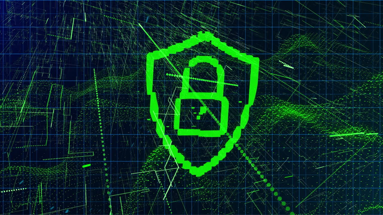 animación del icono del candado y la red de conexiones sobre fondo negro