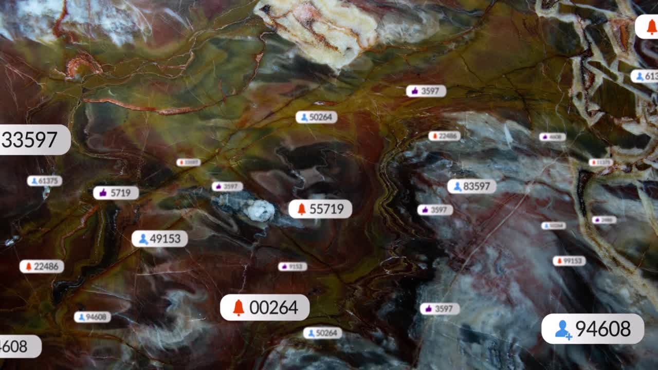 Animation of social media icons and text over stone background