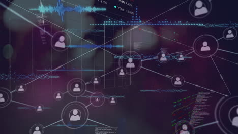 animación de iconos de perfil que conectan puntos con datos financieros en la interfaz digital