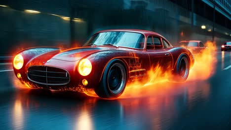 classic sports car racing down a rainy city street with flame effects