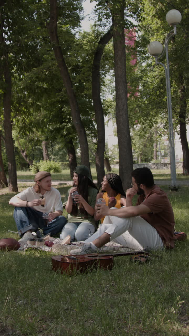 친구 들 이 공원 에서 피크닉 을 즐기고 있다