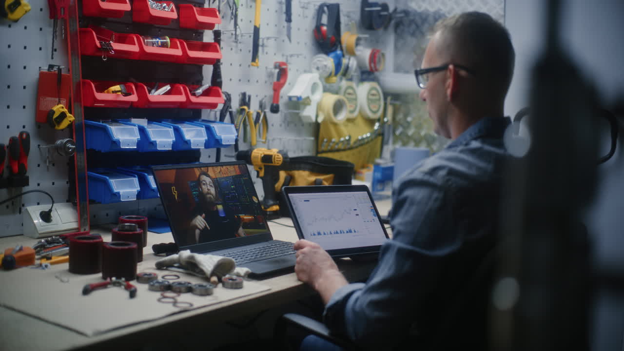 Craftsman Watching Online Trading Webinar on Laptop Computer, Monitoring Real-Time Stocks and Exchange Market Charts Using Digital Tablet. Man Remote Learning Trading During Working Day in Workshop.