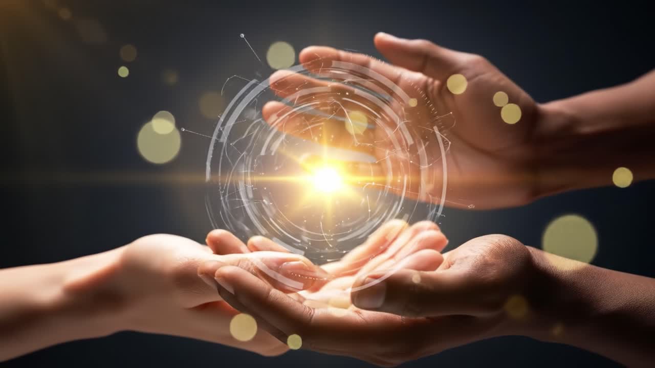 Two hands come together, illuminated by a brilliant light, symbolizing collaboration and connection in a dynamic environment. The radiant glow represents shared energy and potential.