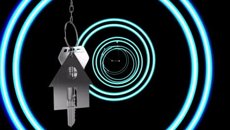 house keychain with house-shaped pendant over glowing concentric circles animation