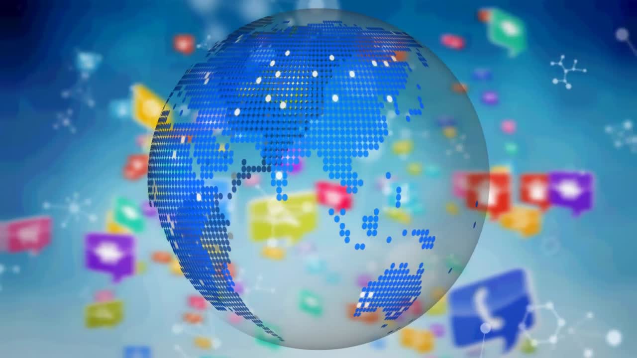 파란색 배경에 전 세계에 걸쳐 디지털 아이콘의 애니메이션