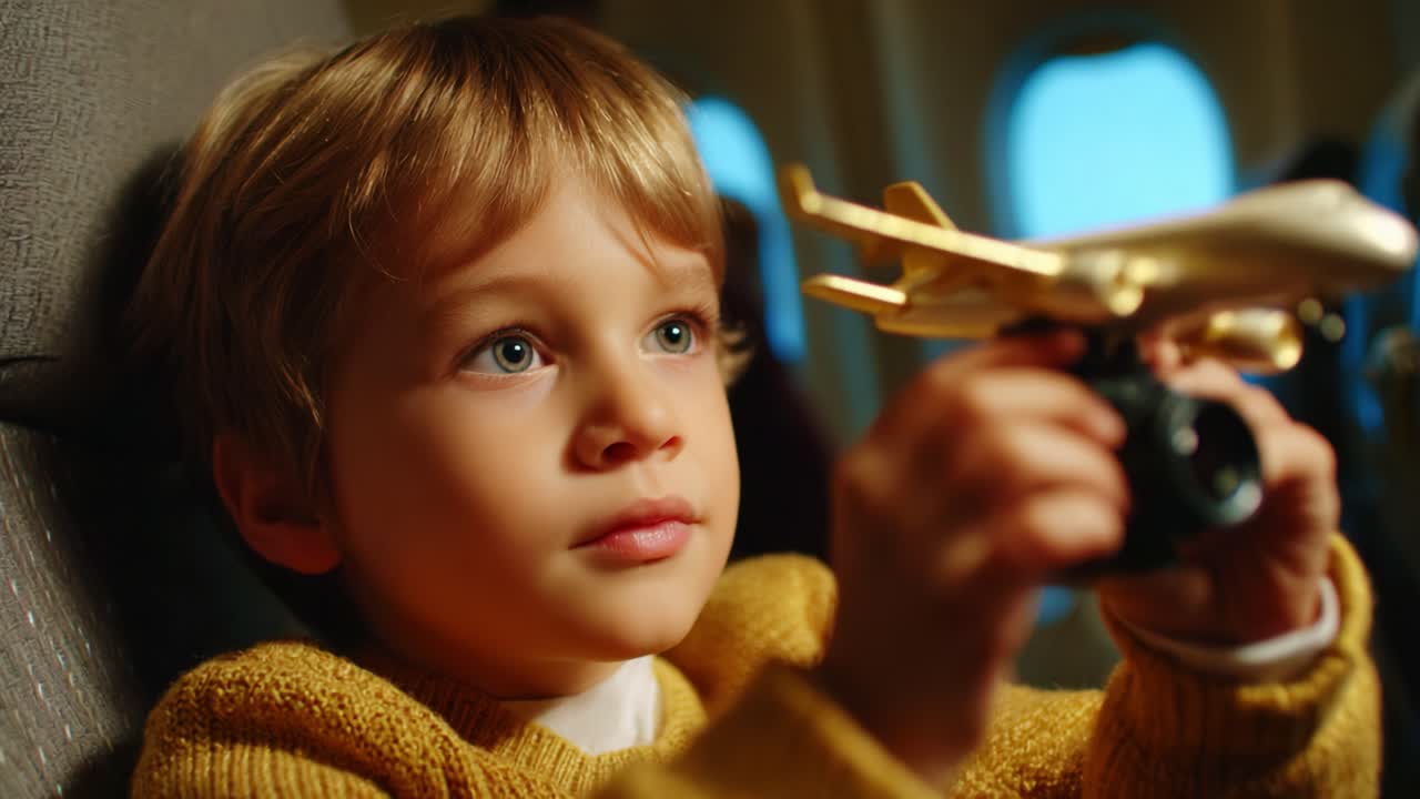 A Young Boy's Dream: Captivated by the Joy of Flight While Holding His Favorite Toy Airplane, An Enchanting Scene Awaits As He Imagines Adventure in the Skies Above