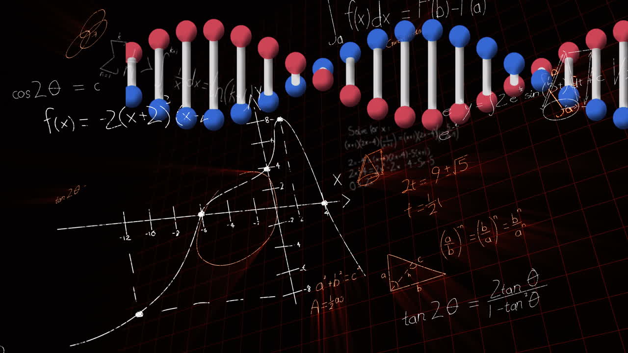 dna 가닥을 회전시키는 데이터 처리 및 수학 방정식의 애니메이션