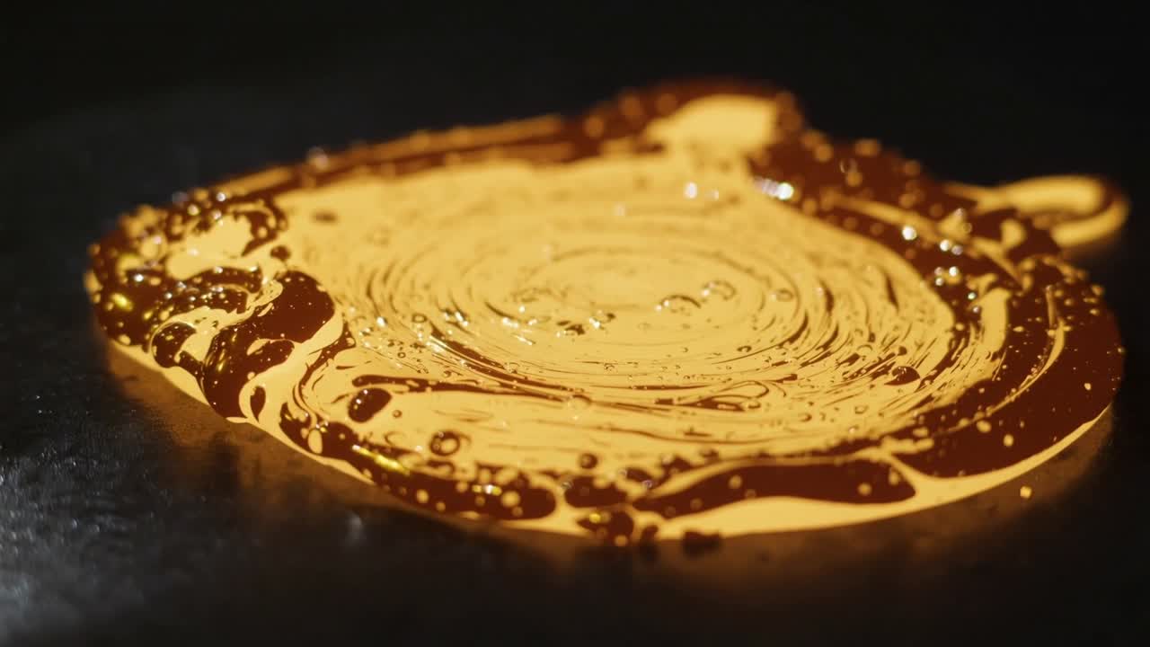 Forming viscous golden puddle expanding on glossy dark plate after pour, with brown swirls and tab