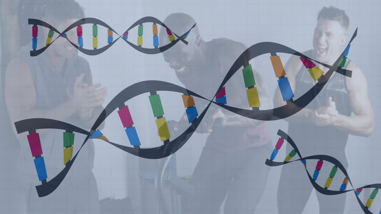 Three men using elliptical laughing and cheering, DNA helix flowing across fitness center