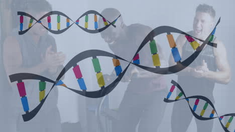 three men using elliptical laughing and cheering, dna helix flowing across fitness center