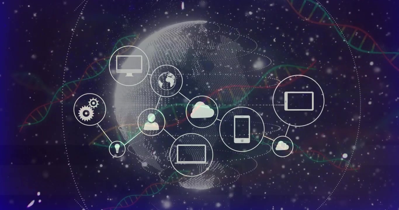 Cloud marker appearing, globe rotating, icons emerging and linking, forming global device network