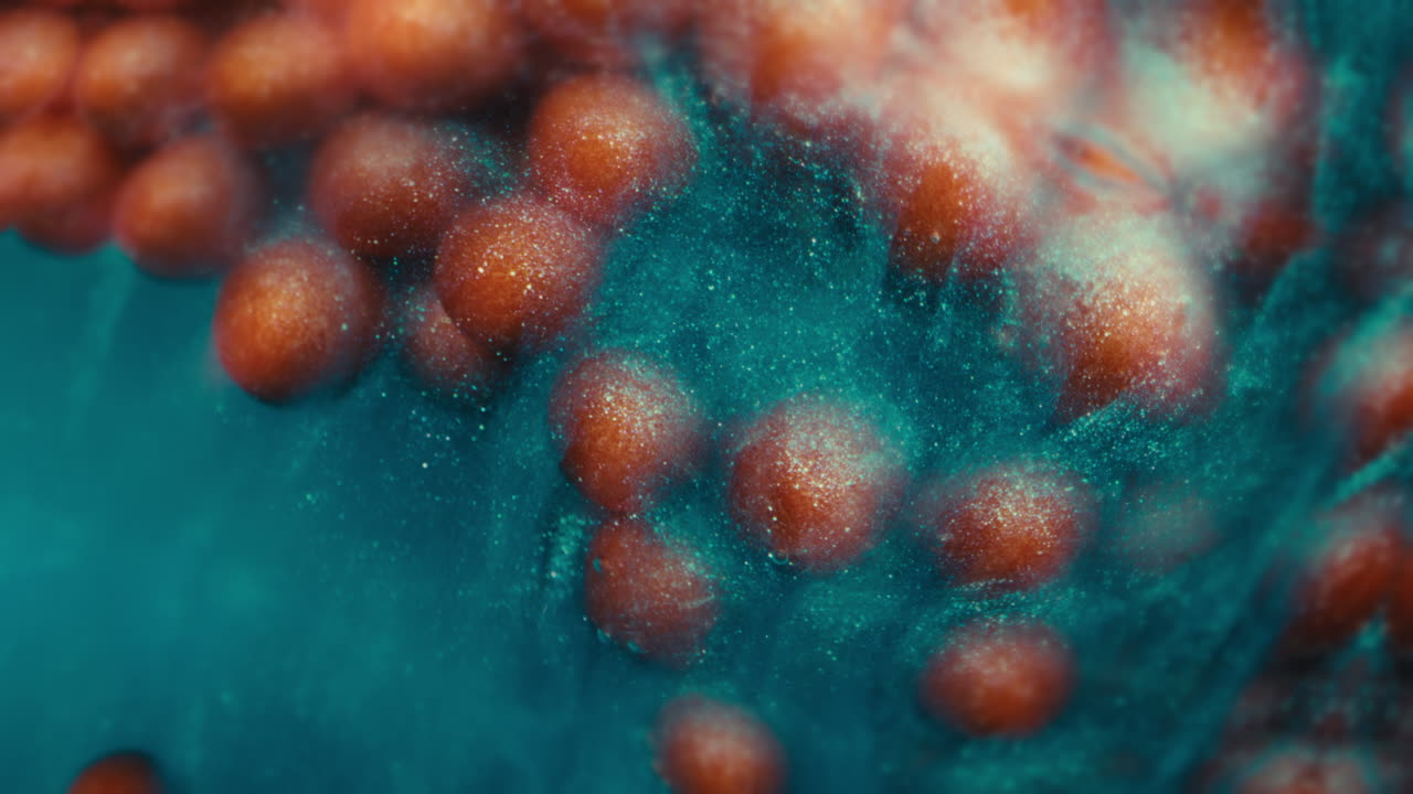 Abstract Macro of Red Spheres in Teal Liquid