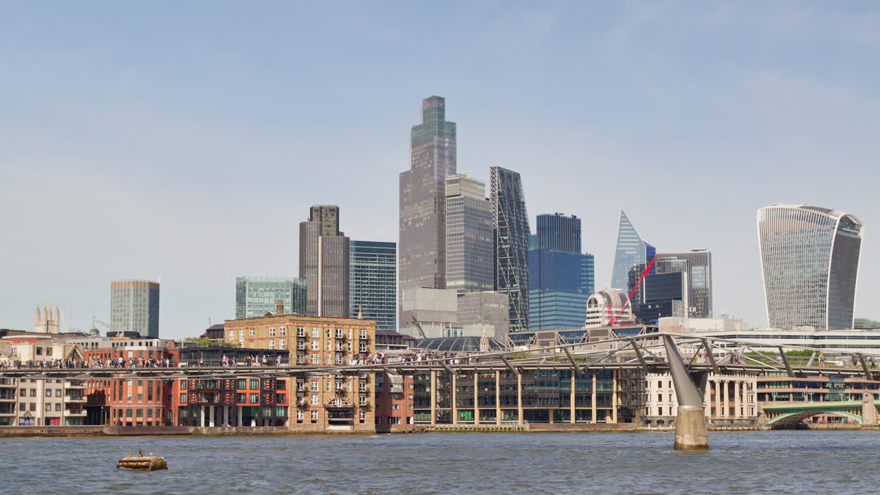 A scenic view of London's iconic skyline along the River Thames, London, England