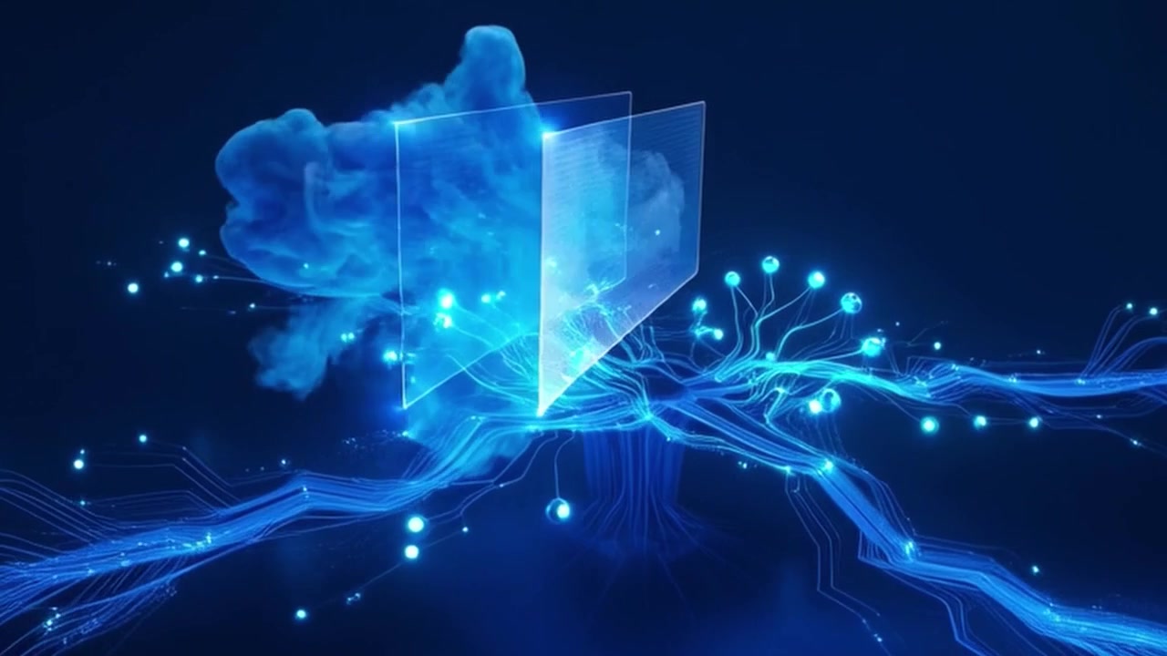 Digital Cloud Computing Network Visualization with Glowing Circuitry