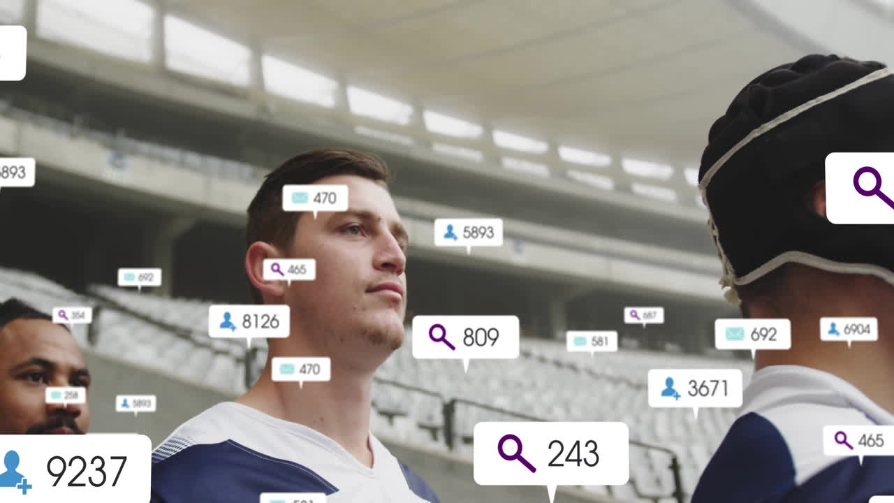 In stadium, football player interacting with animation of social media icons