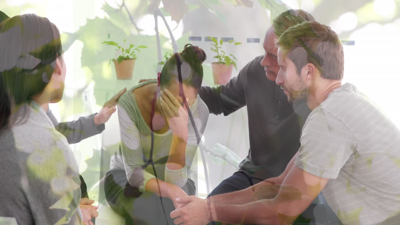 animación de hojas sobre diversas personas que participan en la terapia de grupo