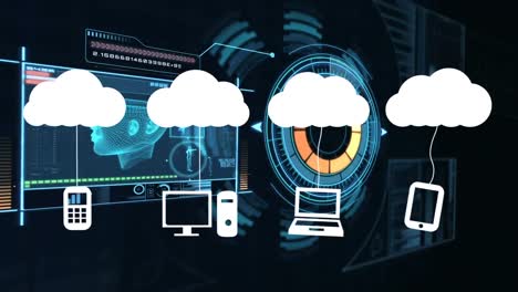 Animation-Von-Wolken-Mit-Symbolen-über-Scope-Scanning-Und-Datenverarbeitung