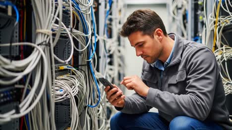 focused technician troubleshoots network issues using smartphone in server room surrounded by cabling and networking equipment