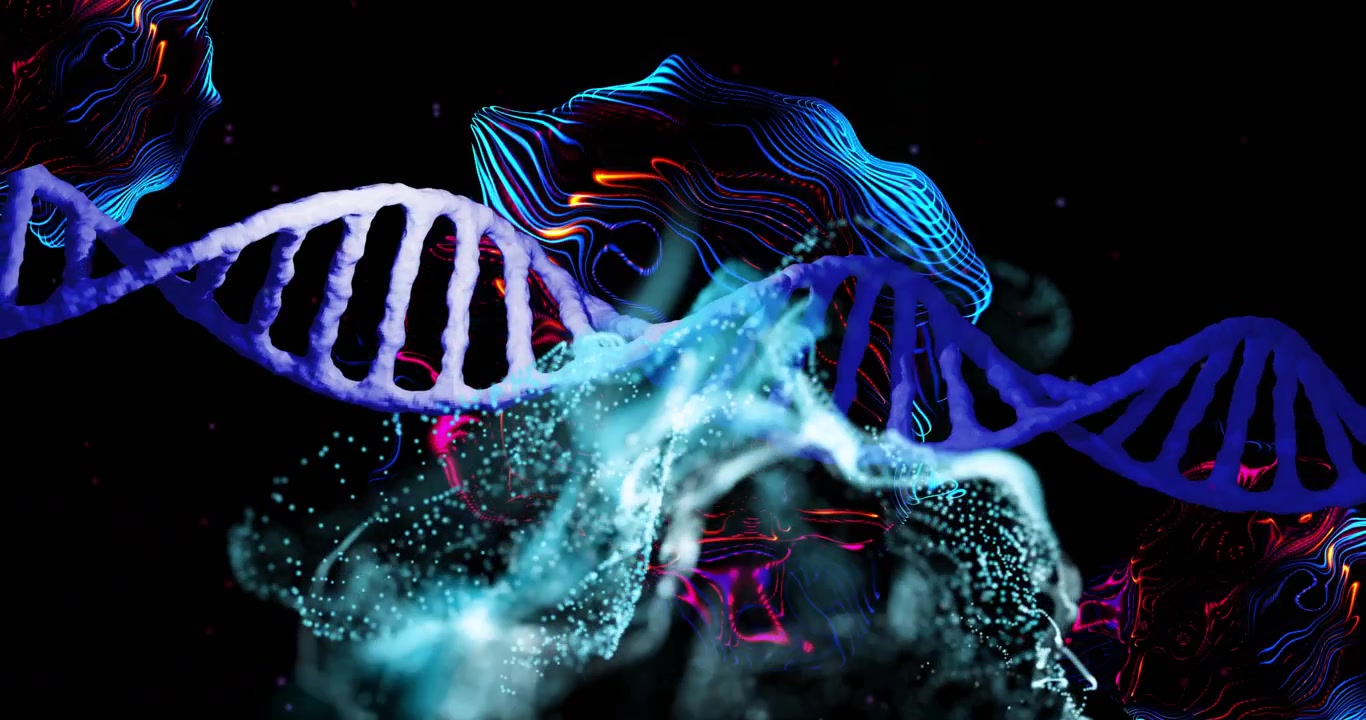 Particle cloud forming at center billowing across DNA helix, showing molecular motion in neon void