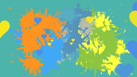 Animation-of-stains-over-blue-and-yellow-hearts