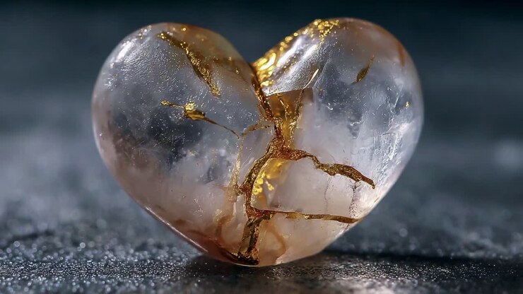 Uno straordinario cristallo di quarzo a forma di cuore che mette in mostra intricate venature dorate, catturato perfettamente in due inquadrature che ne evidenziano la bellezza unica e l'eleganza naturale