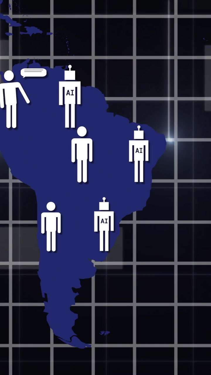 Animazione di elaborazione dati digitali e connessioni con icone di chatbot AI su mappa del mondo