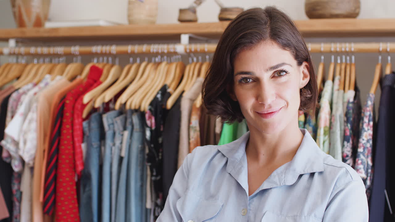 Ritratto di proprietaria di negozio di moda in piedi davanti a capi d'abbigliamento su appendiabiti
