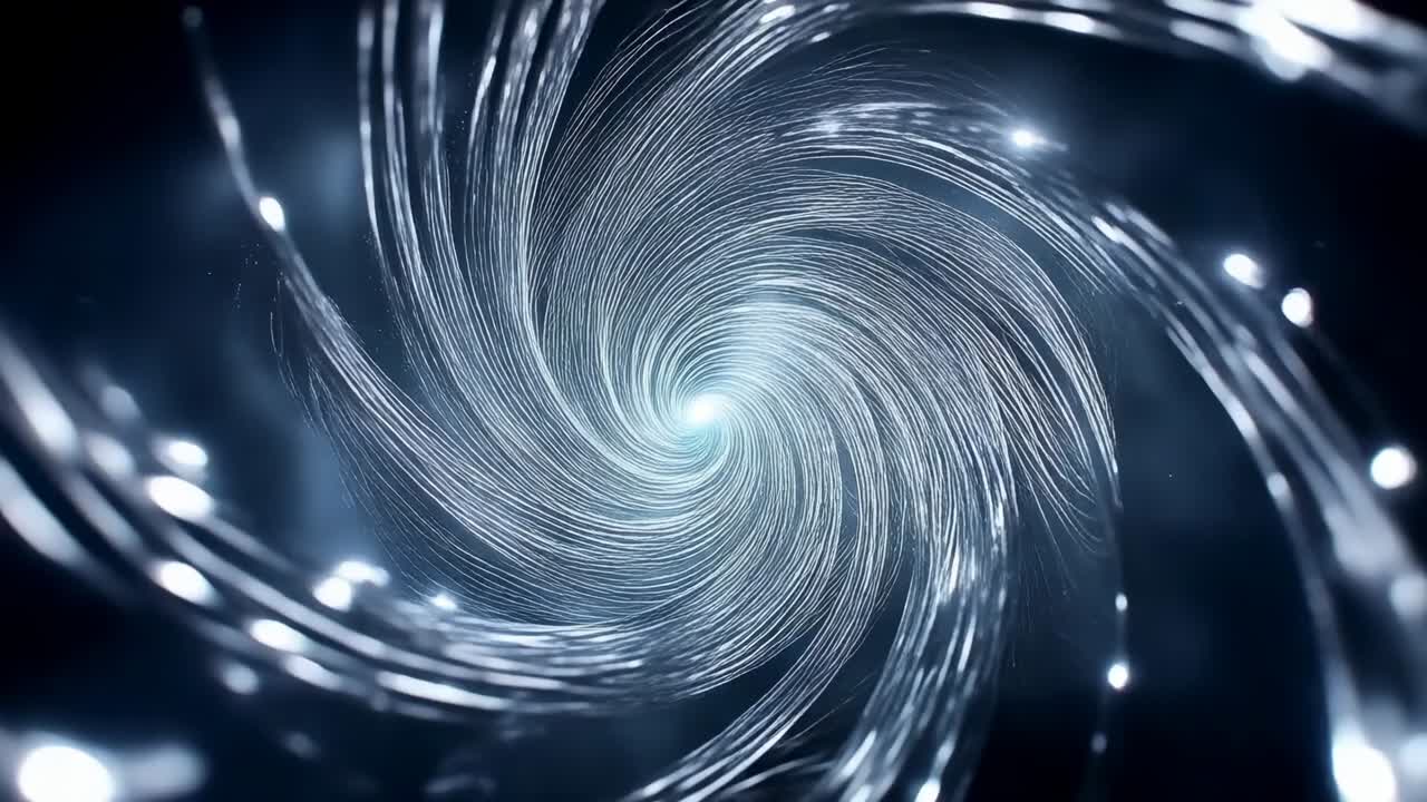 Spiraling glowing vortex rotating, expanding in space, camera zooming pulling filaments toward core