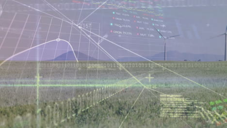 Animation-of-stock-market-and-data-processing-over-field-with-wind-turbines