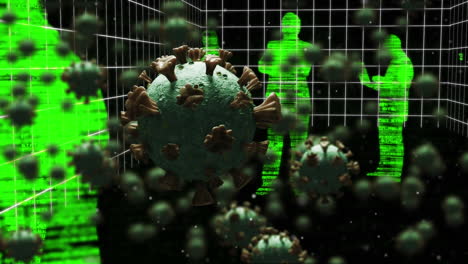 animación de múltiples células de covid-19 flotando sobre siluetas brillantes verdes en la cuadrícula en el fondo