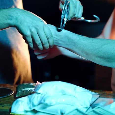 police officer arresting drug dealer with handcuffs. close up. illegal narcotics production