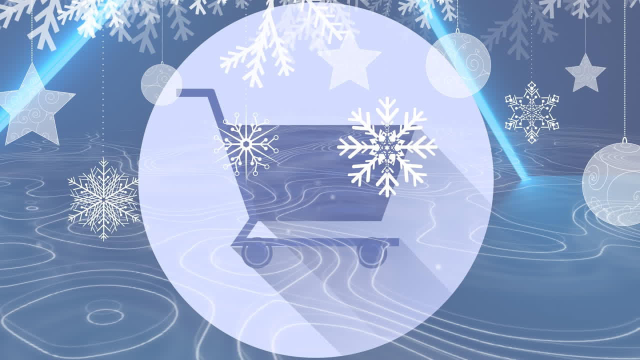 qr 코드 위에 빛나는 터널 토포그래피와 크리스마스 파란색 배경에 걸려있는 장식