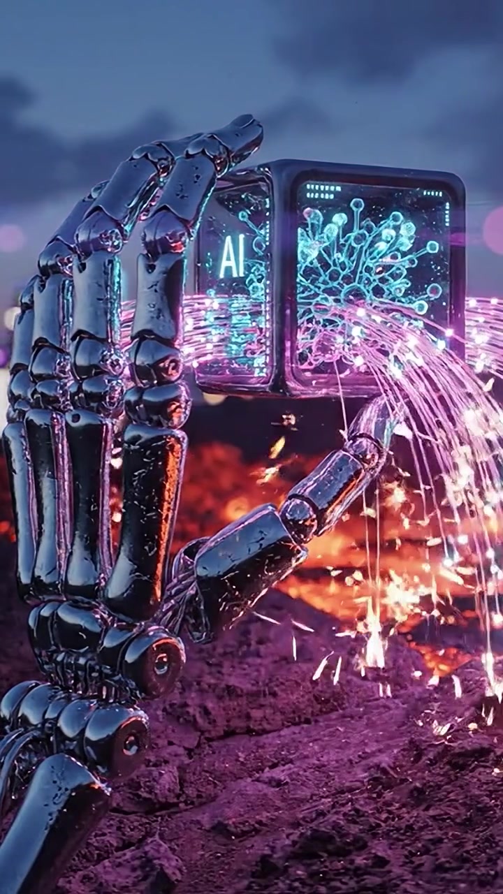 Una mano robotica futuristica tiene un cubo luminoso che mostra un design ispirato all'IA su uno sfondo di lava fusa e un drammatico cielo crepuscolare