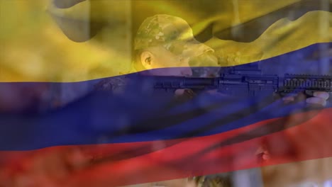 Animación-De-La-Bandera-De-Colombia-Sobre-Diversos-Soldados-Varones-Con-Armas.