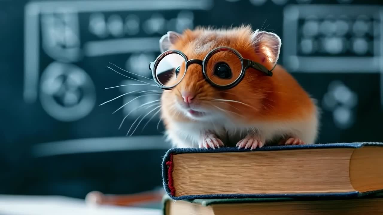 Un criceto con gli occhiali seduto sopra un libro